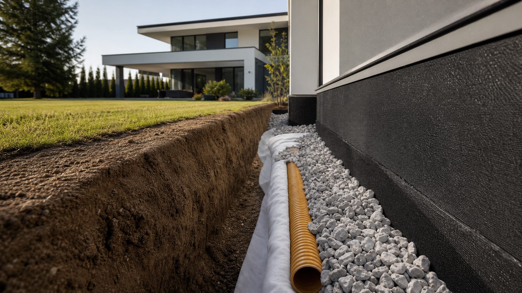Drenáž pri základoch moderného domu